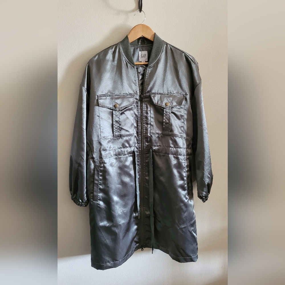 Gap Sateen Longline Utility Oversized Jacket, Women's M, Army Green Sheen